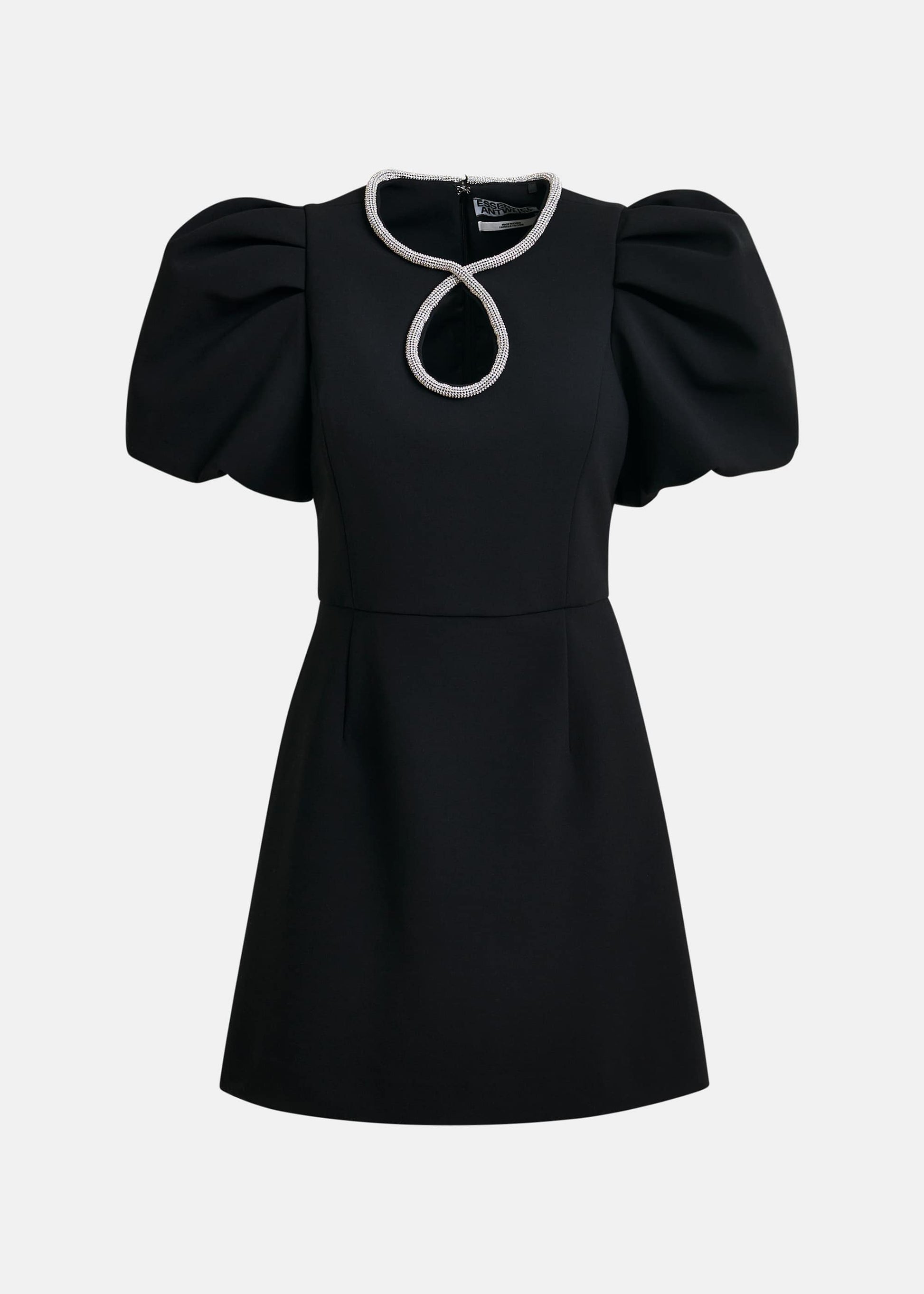 Mini-robe noire à manches bouffantes et encolure goutte d'eau à strass