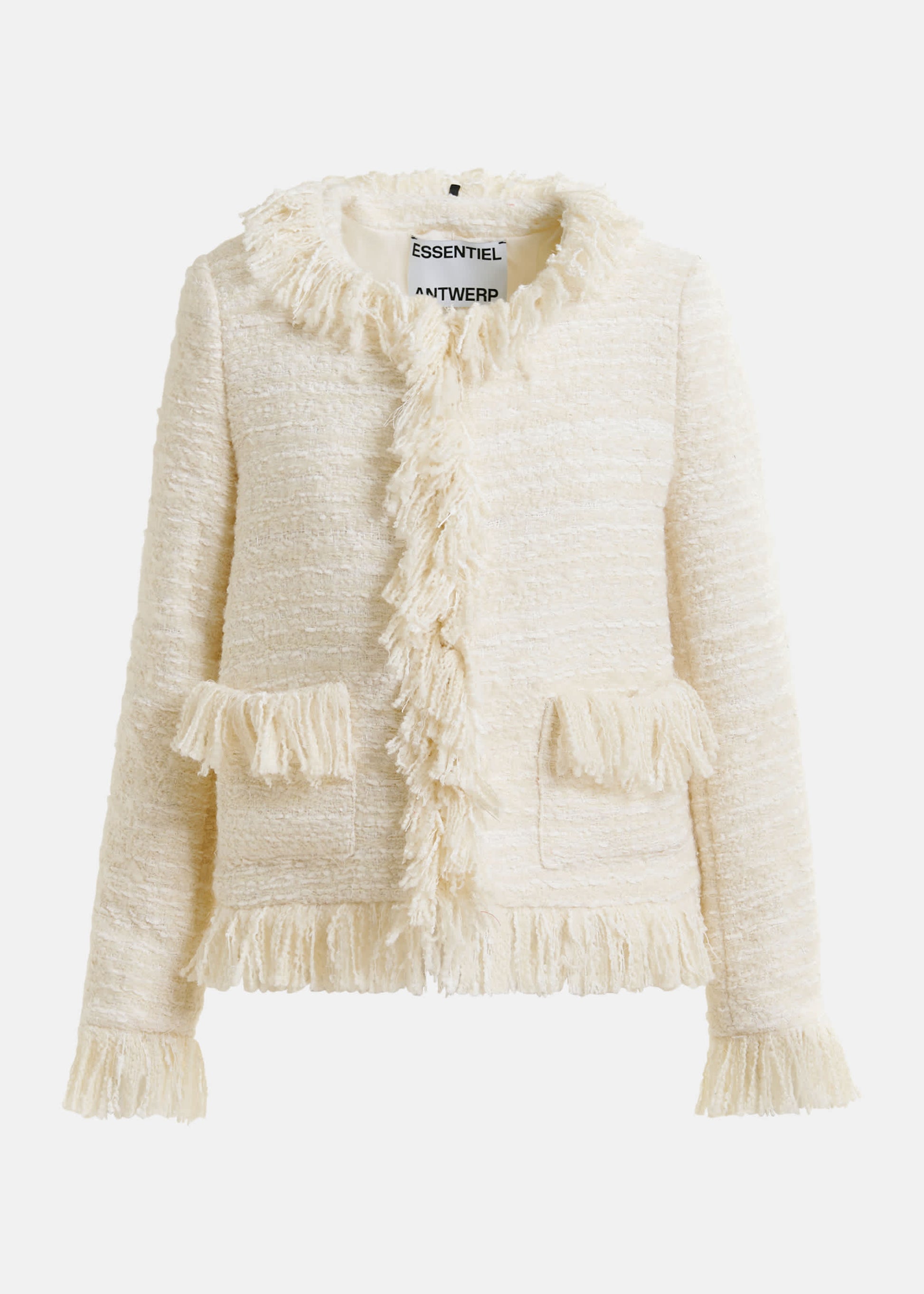 Veste écrue en bouclé de laine mélangée avec franges